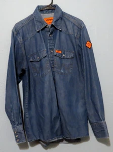 READ Wrangler FR Flame Resistant Denim Pearl Snap Shirt Men’s L/XL Blue - Picture 1 of 13