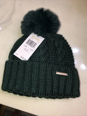 Michael Kors Cable Knit Beanie With Faux Fur Pom Pom Hat Dark Green OS NWT - Image 1 of 4