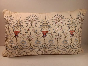 Embroidered Floral Throw Pillow Rectangular 11 X 18 Corals, Blue, Green Intricat - Picture 1 of 14