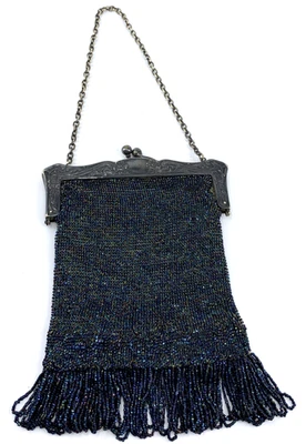 Antiguo Monedero Alemán Plata AB Semilla Cuentas Bolso de Mano Flecos Eslabones Cadena Bloqueo de Beso Foto 1 de 4