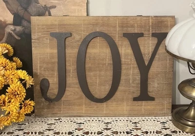 JOY Sign Wood 21.5x 15.5 Metal Rustic Farmhouse Christmas Word Name - Image 1 of 4