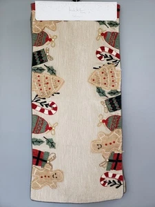 NEW Christmas Table Runner Burlap Rustic Gingerbread Men Embroidery Beaded - Picture 1 of 6