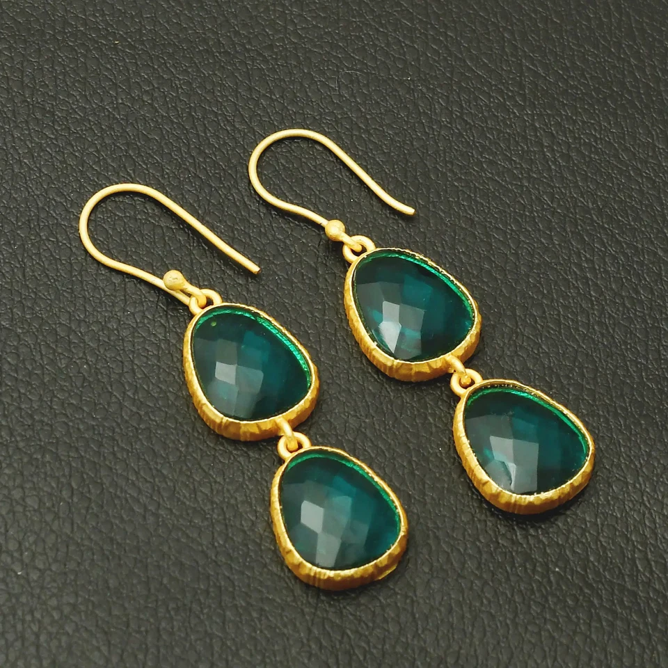 Pendientes colgantes enchapados en oro con piedras preciosas de topacio azul joyería regalo 2,2" AE-98898 Foto 1 de 1