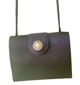 Vtg Black Satin Like Evening Bag Box Clutch Pearl Rhinestones Magnetic Closure - Picture 1 of 12