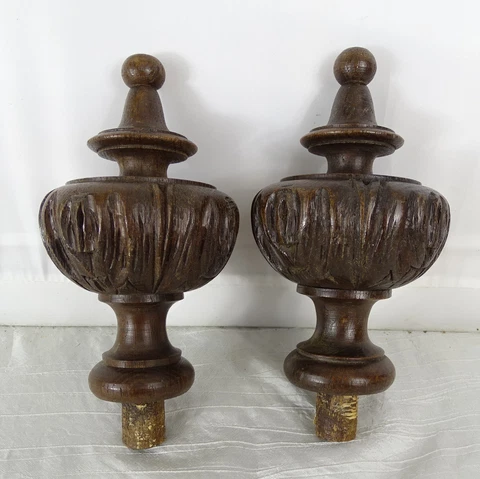 5.7" Antique French Oak Wood Finials Pair Hand Carved- Newel Post Finial Cover