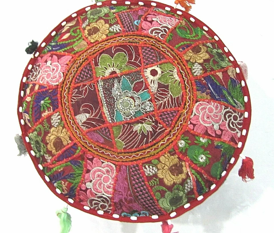 Khambadiya Floral Patchwork Round Bean Bag Pouf Ottoman Pouffe Cover Seat Stool - Image 1 of 4