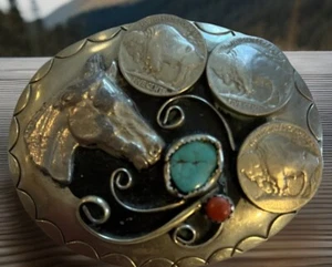 Belt Buckle Turquoise Coral Horse Head 3 Buffalo Nickles. Made in USA Southwest - Picture 1 of 4