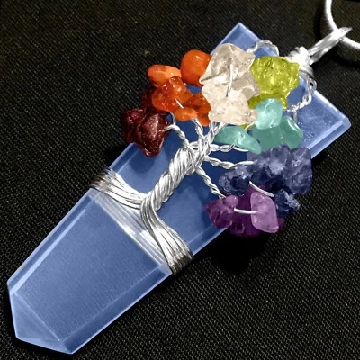 Opalite Opal Wire Wrap Tree Of Life 7 Chakra Crystal Pendant Heal Stone Necklace - Image 1 of 4