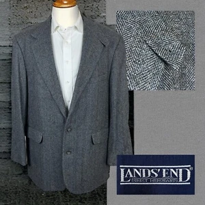 Lands End Sport Coat Mens 46L Gray Blue Herringbone Tweed Lambs Merino Wool - Picture 1 of 11