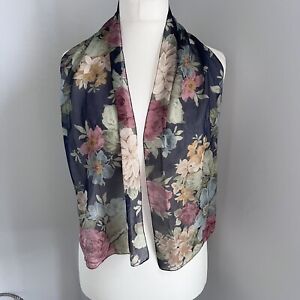Vintage Navy Floral Patterned Rectangular Neck Scarf 54” x 10” Sheer