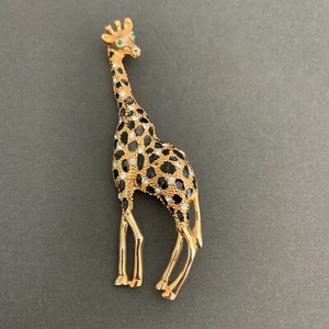 Vintage Giraffe Brooch Pin Gold Tone Black Enamel White Rhinestones 4.75" Large - Picture 1 of 7