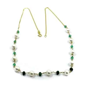 COLLANA ORO GIALLO 18K, PERLE BIANCHE ACQUA DOLCE DA 7 MM, CALCEDONIO E SMERALDI - Foto 1 di 9
