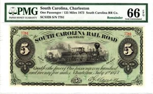 1873 $5 State of South Carolina Rail Road Gem Uncirculated PMG 66 EPQ- STUNNING! - Picture 1 of 11