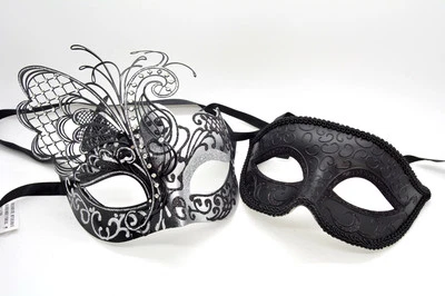 Prom Party Mask Couple Metal Butterfly Black/Silver Venetian Masquerade Mask - Image 1 of 3