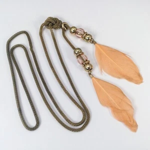 Retro Pink Feather Pendant Necklace Gold Tone Mesh Chain Tribal Ethnic Aztec - Picture 1 of 6