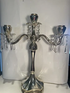 Vintage dreiarmiger Kerzenleuchter versilbert Kerzenhalter mit Kristalltropfen 17" SCHÖN! - Bild 1 von 9