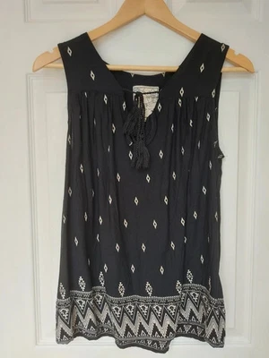 M&Co Spirit Black Beige Print Tie Neck Sleeveless Top UK 12 |Smart Casual Blouse - Image 1 of 4