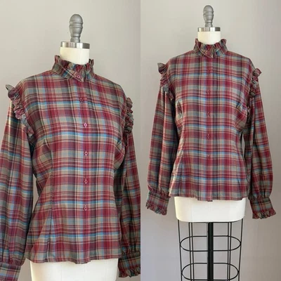 Vintage 1970's Cottagecore Ruffle Plaid Blouse Western Prairie Size Medium - Image 1 of 4