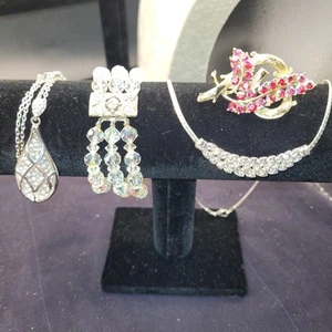  Rienstone  Lot, Pave' Pendent16"+3",AB Chrystal Bracelet7",coller 14", Brooch2" - Picture 1 of 12