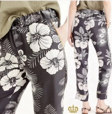 Pantalón Pantalón Mujer J Crew 100% Seda 6 Negro Floral Corto Dorado Tubería Tropical Foto 1 de 4