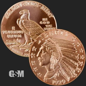 5 oz Copper  Incuse Indian 1929, Golden State Mint .999 CU, (BU in Coin Cap) - Picture 1 of 2