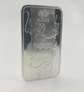 Suisse 1oz Silver Bullion Dragon Art Bar Ingot 999 Pure Fine Chinese Asian Luck - Picture 1 of 4