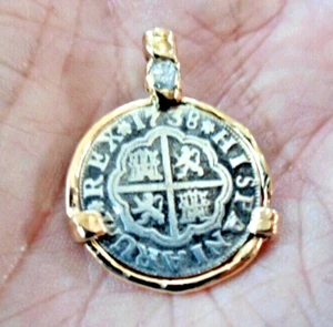 Genuine 1738 1 Reales SilverSpanish Treasure Cob Coin With14K&Diamond - Picture 1 of 15
