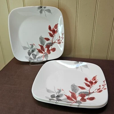 "Juego de 4 platos de ensalada de almuerzo Corelle Kyoto hojas rojas cuadradas de 9""" Foto 1 de 4