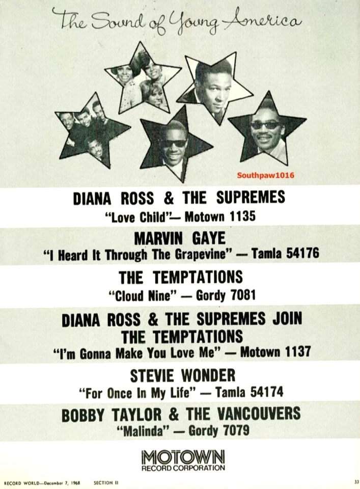 1968 Motown 'Sound Of Young America' Music Industry Promotional Reprint Ad - Image 1 of 1
