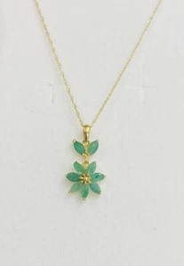 14k Solid Yellow Gold Link Chain Necklace & Flower Pendant W/Emerald 1.95GM16/20 - Picture 1 of 10