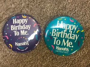 LOT OF 2 HARRAHS LAKE TAHOE RENO PROMO HAPPY BIRTHDAY TO ME PIN - Picture 1 of 2