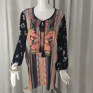 Calessa Bordado Floral Rosa Negro Rayas Corbata Cuello Túnica Top Camisa Vestido Nuevo - Imagen 1 de 10