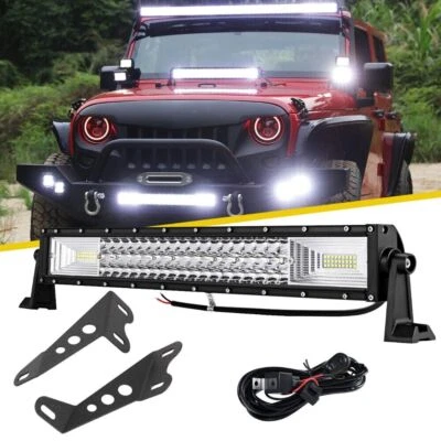 22" Tri-Row LED Work Light Combo + Hood Mount Bracket For Jeep Wrangler JK - Image 1 of 4