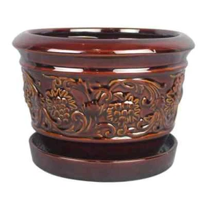 Trendspot 8 In. Dia Brown Rustic Damask Ceramic Planter - Picture 1 of 8