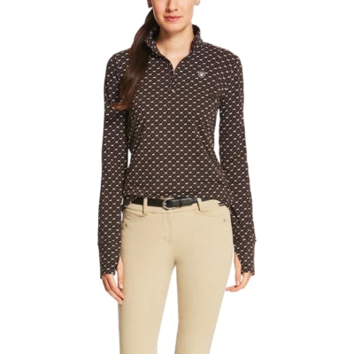 Nuevo con etiquetas Top Ariat Lowell 1/4 Cremallera - Ganache Running Horses Estampado Marrón XS Capa Base Foto 1 de 4