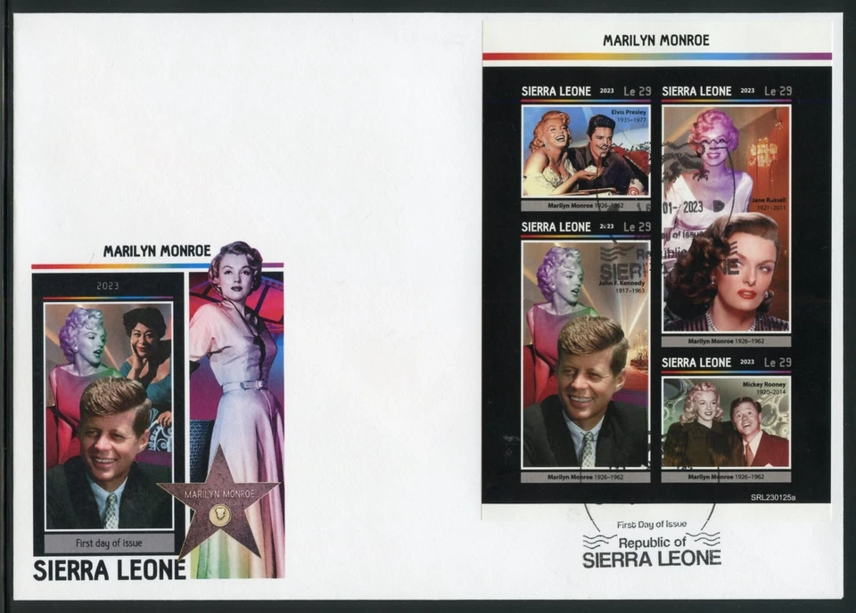 SIERRA LEONE 2023 MARILYN MONROE SHEET: JFK, ELVIS, ROONEY ,RUSSELL IMP SHT FDC - Image 1 of 1