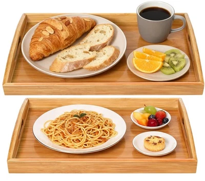 Paquete de 2 bandejas para servir de bambú con asas, bandeja de cama portátil para cena de desayuno... Foto 1 de 4