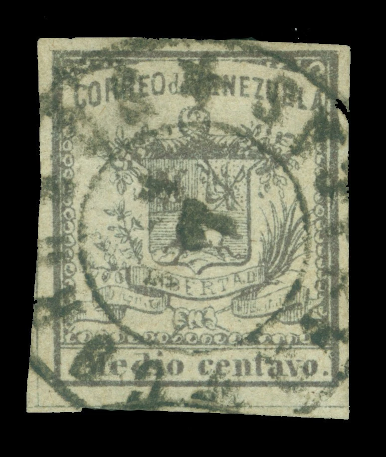 VENEZUELA 1862 Escudo de armas 1/2c opaco lila Scott #8 usado en muy buen estado "Caracas" CDS Foto 1 de 2