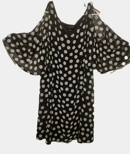 Connected Apparel Navy Polka Dot Sheath Cold Shoulder Dress Sz 12 Summer Resort - Picture 1 of 7