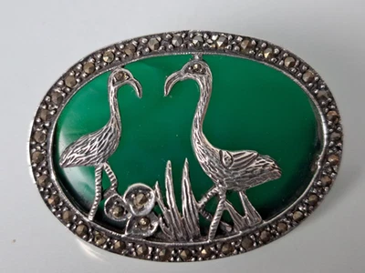 Elegante Spilla, 925 Argento Con Giada Verde E Marcasite, Fenicotteri - Immagine 1 di 4