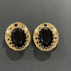 W.Germany Vintage Ohrclips oval schwarz goldfarben filigran Perlenakzent - Bild 1 von 7