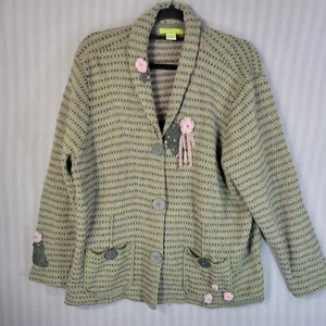 Sigrid Olsen cardigan 2X Green pink Crochet Flowers Artsy Boho Cottage silk wool - Picture 1 of 10
