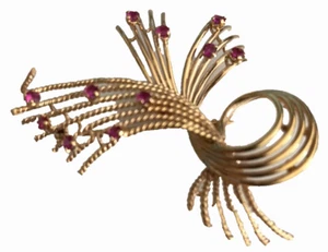 VTG 18k YELLOW GOLD BROOCH 11 PRONG RUBIES  ACCENTS HANDMADE GREECE 1958 NWOT - Picture 1 of 9