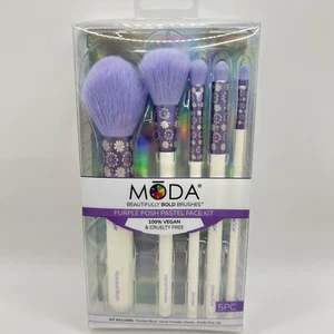 MODA Purple Posh Pastel Face Kit, 5 PC Makeup Brushes White Floral Pattern, NEW - Picture 1 of 5