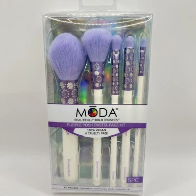MODA Purple Posh Pastel Face Kit, 5 PC Makeup Brushes White Floral Pattern, NEW - Image 1 of 4