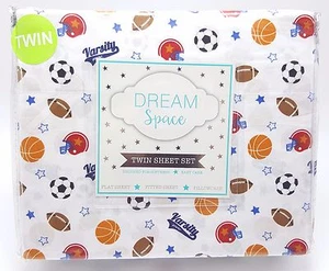 Boys Twin Sheet Set Sports Fan 3pc Football Basketball Soccer Varsity New - Picture 1 of 2