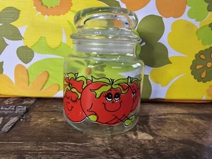 Vintage 1970’s Hildi Happy Tomatoes Glas Kanister Glas mit Deckel 5 1/2” hoch - Bild 1 von 4