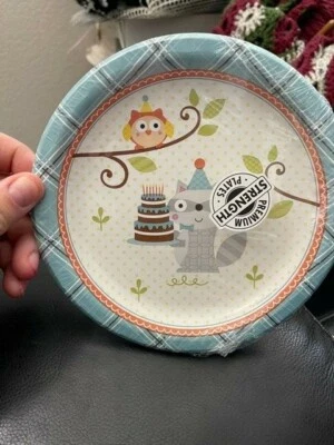 Happy Woodland Boy 7 Inch Paper Plates 8 Pack Owl Raccoon Birthday Tableware New - Image 1 of 2