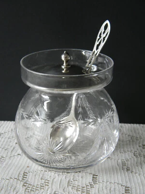 Tarro de mermelada American Brilliant Cut/Tapa de plata esterlina/Cuchara de mermelada Webster Sterling Foto 1 de 4