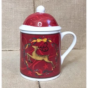 Vintage Kranz Rentier rot Kaffeebecher Tasse mit Deckel Weihnachten skurril verspielt - Bild 1 von 10